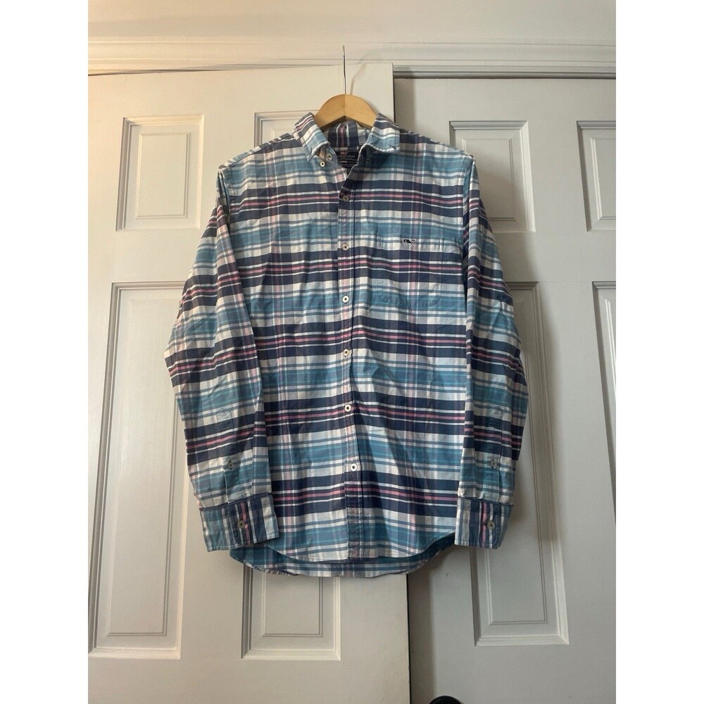 Vineyard Vines Tucker Shirt Mens M Medium Slim Fit Plaid Long Sleeve Blue Pink